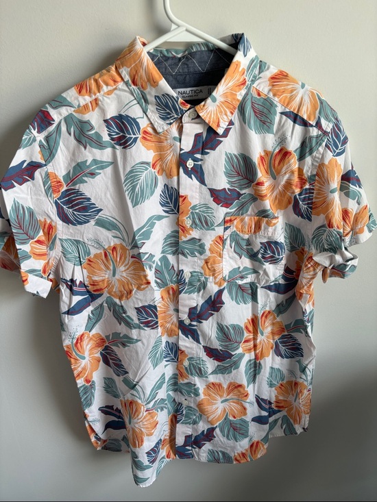 Nautica Other - Nautica White Short-Sleeve Button-Up with Orange Floral & Teal Leaves